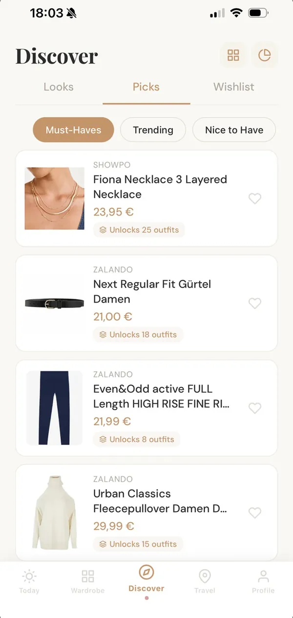 Entdecken, Picks: neue Teile mit Preis und der Zahl der Outfits, die jedes Teil ermöglicht.
