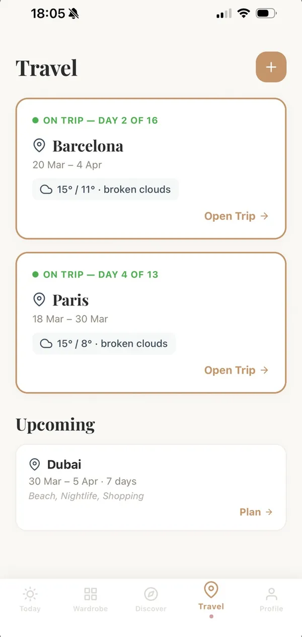 Reisen: anstehende Reisen nach Barcelona und Paris, jeweils mit Wetter.