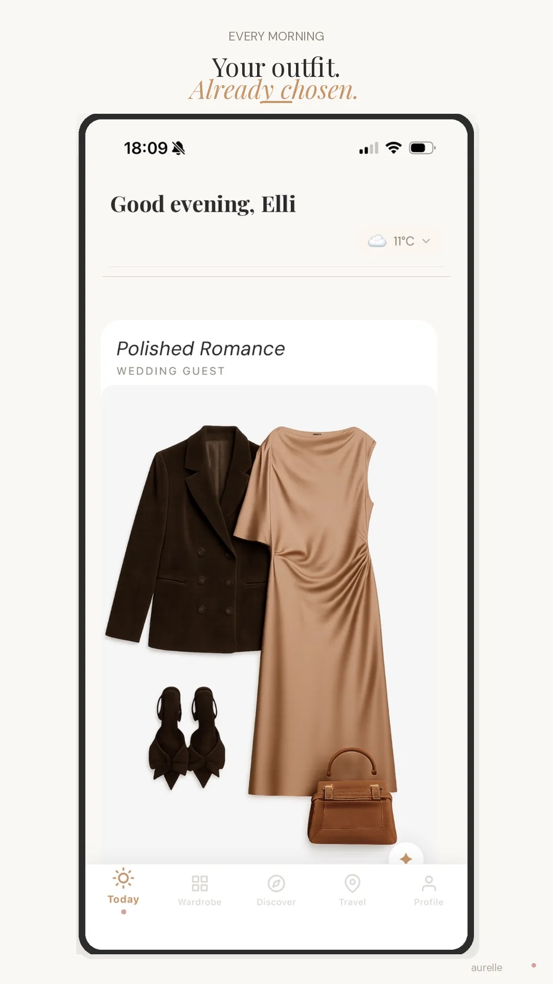 Aurelle app — Today tab showing AI-styled outfit